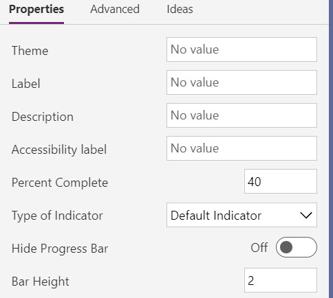Screenshot showing properties in a prooperties grid for a progress indicator component.