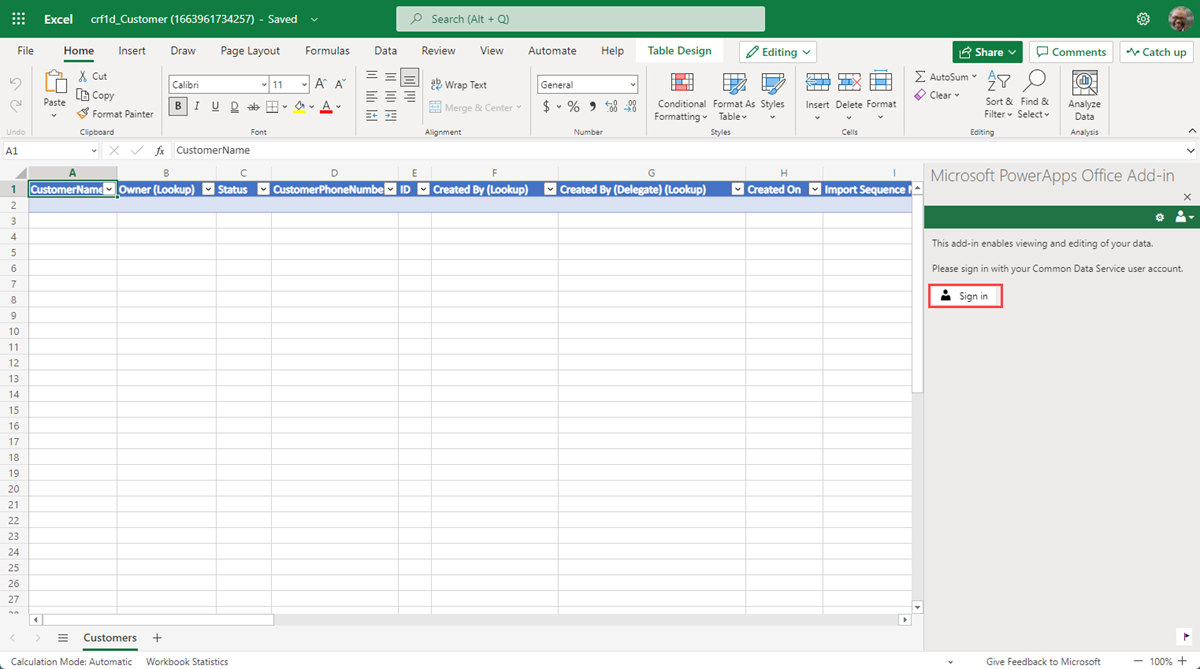 Screenshot showing Excel with the PowerApps Office Add-in pane and the Sign in button highlighted.