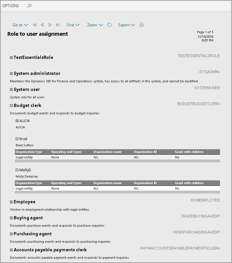 Screenshot of the Role to user assignment report.
