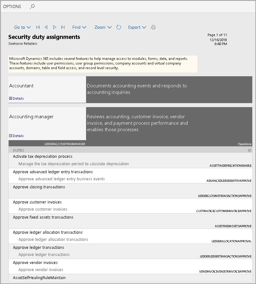 Screenshot of the Security duty assignment report.