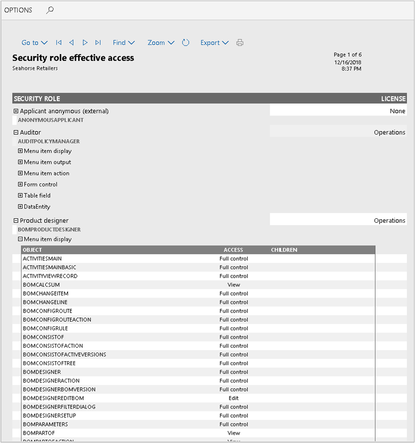 Screenshot of the Security role effective access report.