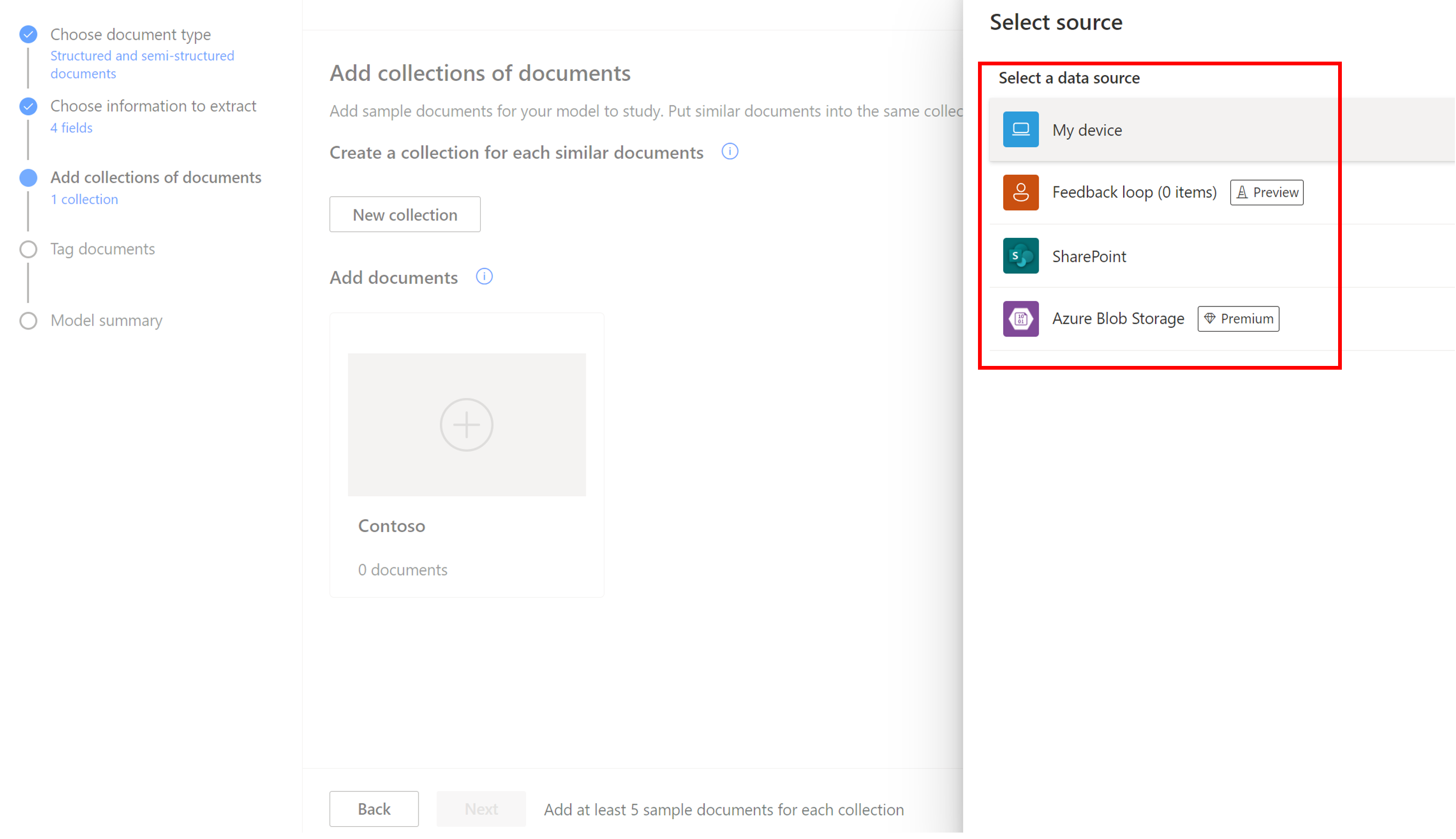 Screenshot of Power Automate with Contoso selected and the Add documents button highlighted.