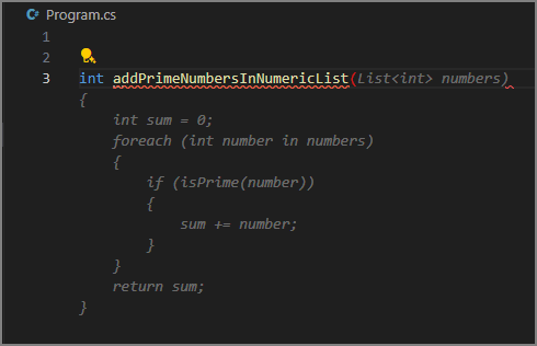 Screenshot showing the autocompletion for a method that adds the prime numbers in a list.