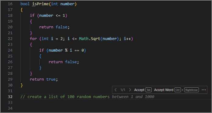 Screenshot showing the words "create a list of 100 random numbers" being added to a comment line.