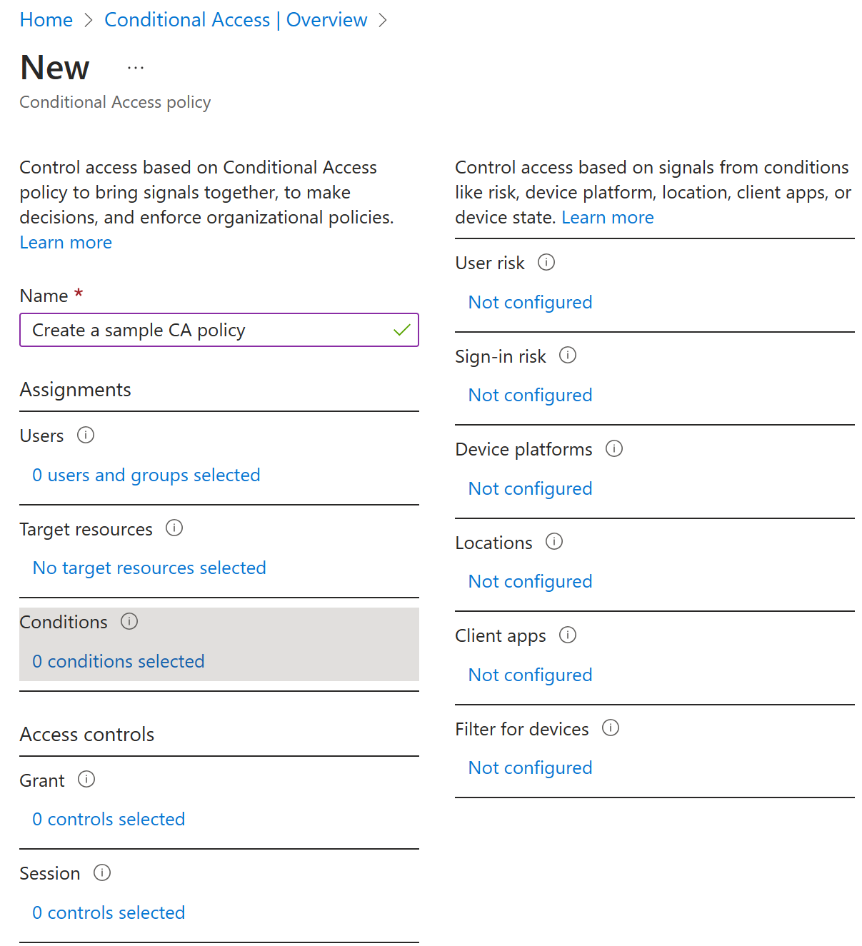 Screenshot of the conditional access dialog with the policy creation screen open for configuration.
