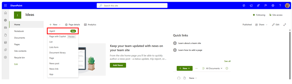 Screenshot of a SharePoint site showing the New drop-down menu and the Agent option highlighted.