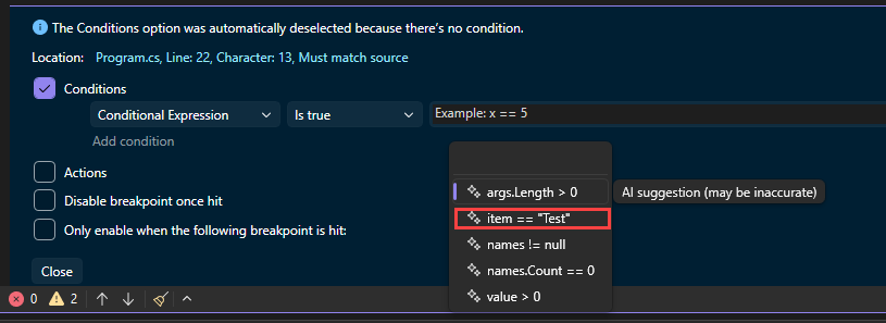Screenshot of a Copilot suggestion for a conditional breakpoint.