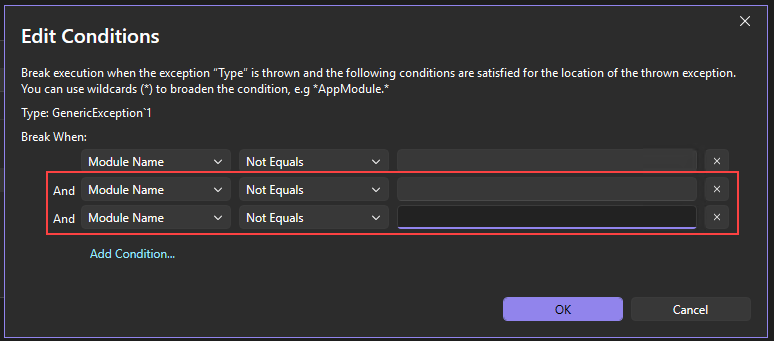 Screenshot that shows extra conditions for an exception.