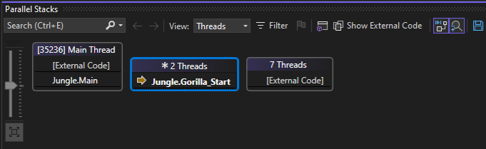 Screenshot of Threads view in Parallel Stacks window.