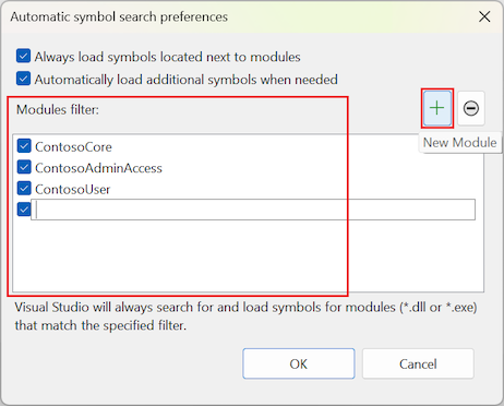 Screenshot of specifying module filters.