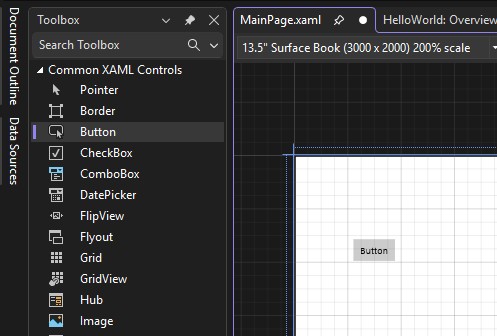 Screenshot&nbsp;showing 'Button' highlighted in the Toolbox window and a Button control&nbsp;on&nbsp;the&nbsp;design canvas.