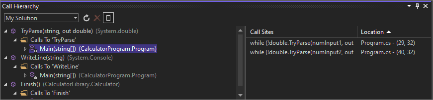 Screenshot that shows the Call Hierarchy window in Visual Studio 2022.