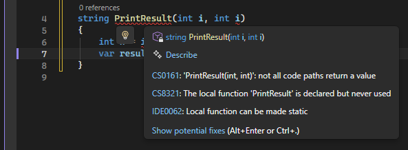 Screenshot that shows the basic Quick Action recommendation and light bulb icon in Visual Studio.