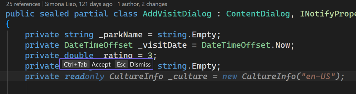 Screenshot showing the updated keyboard shortcut reflected in the Copilot hint bar in the editor.