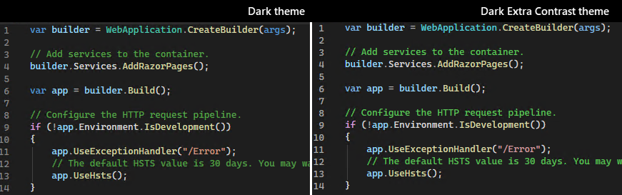 Screenshot that shows a comparison of the Dark theme and the Dark Extra Contrast theme.