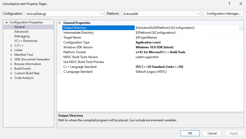 Screenshot of the C++ project properties page.