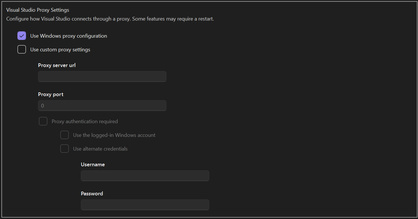 Screenshot of the Proxy Settings page under Tools > Options.