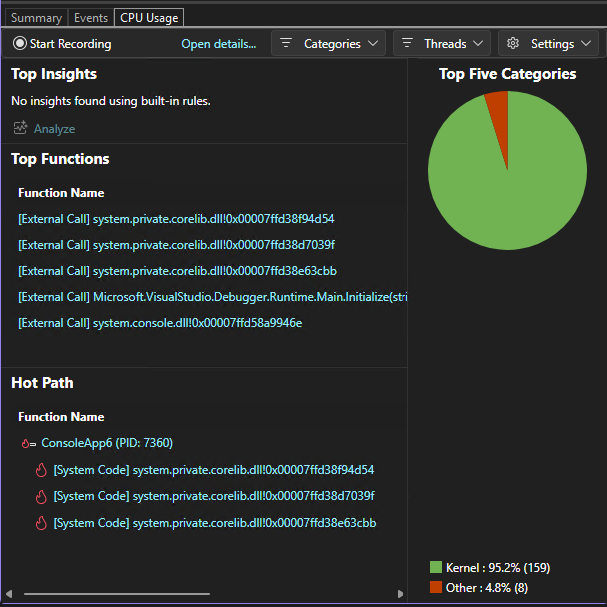 Screenshot that shows the Diagnostics Tools CPU Usage tab.