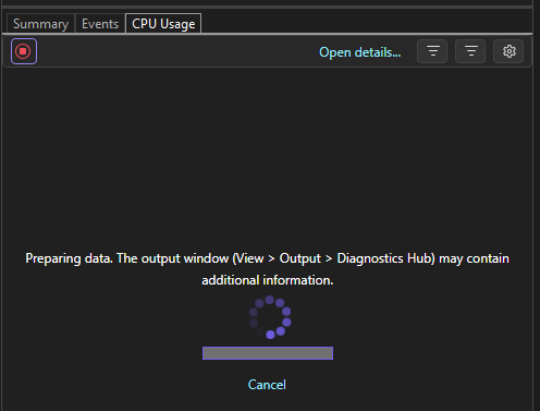 Screenshot that shows Diagnostics Tools preparing data.