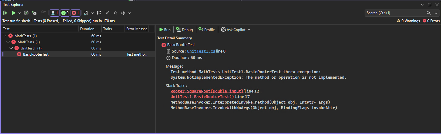Screenshot of the Test Detail Summary in Test Explorer.