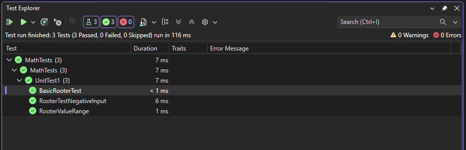 Screenshot of Test Explorer showing three passed tests.