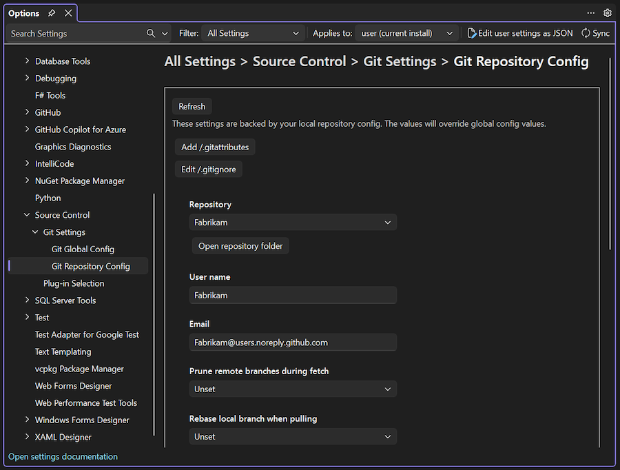 Screenshot of the Git Repository Config options in Visual Studio.