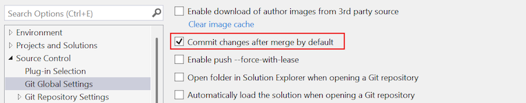Screenshot of the 'Commit changes after merge by default' option in the Options dialog.