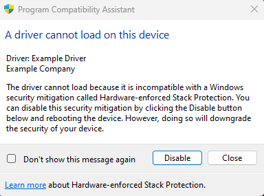 Screenshot of driver can't load alert dialog.