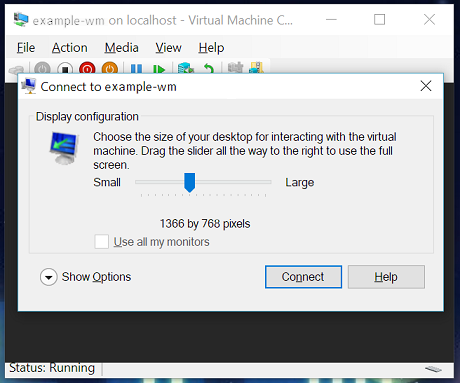 Screenshot of the connection dialog. Below the size, which is set to 1366 by 768 pixels, a Show Options button is visible.