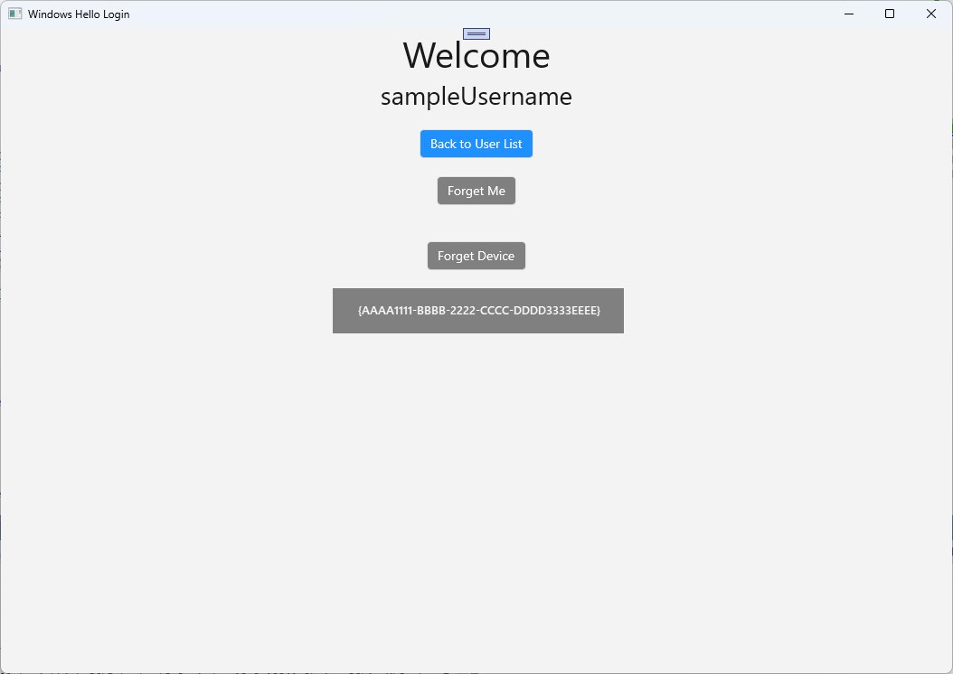 A screenshot of the Windows Hello successful login showing the device id