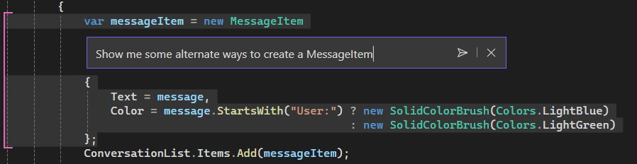 Screenshot that shows the inline prompting capabilities of GitHub Copilot.