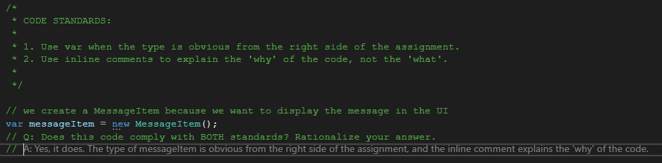 Screenshot that shows the code completion capabilities of GitHub Copilot (standards).