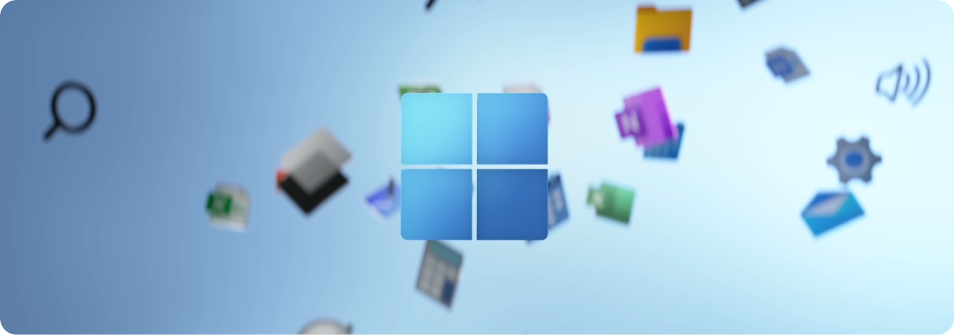 Windows logo with app icons floating in the background