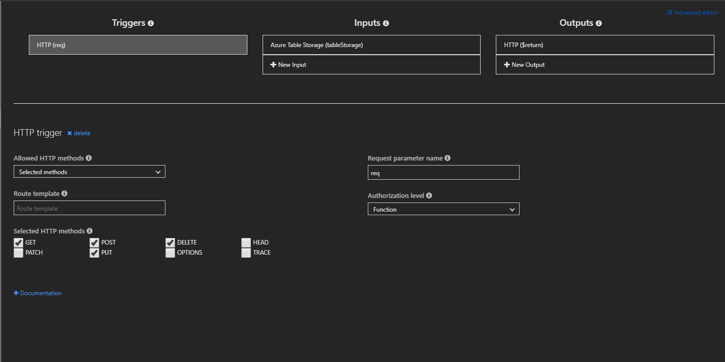 Captura de pantalla de la pestaña Integración de Azure&nbsp;Functions que muestra la selección de métodos HTTP de RESTful.