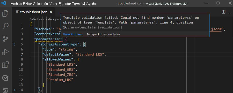 Captura de pantalla de Visual Studio Code resaltando un error de validación de plantilla con una línea ondulada roja bajo el 