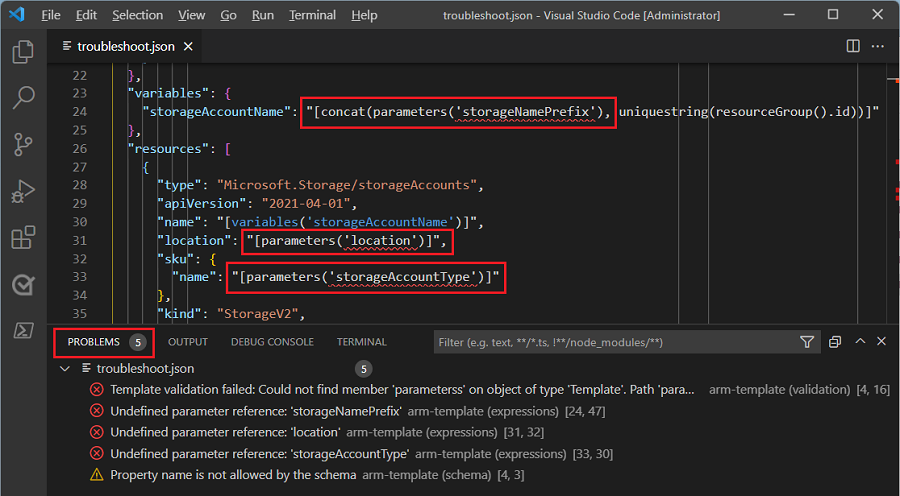 Captura de pantalla de Visual Studio Code que muestra la pestaña Problemas que muestra los errores de referencia de parámetros no definidos para las secciones 