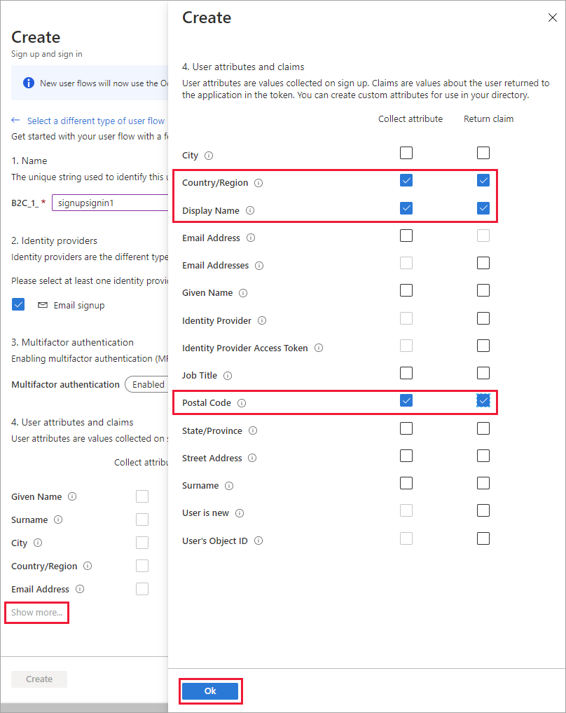 Captura de pantalla de la página de selección de atributos y notificaciones de Azure Portal con tres notificaciones seleccionadas y resaltadas.