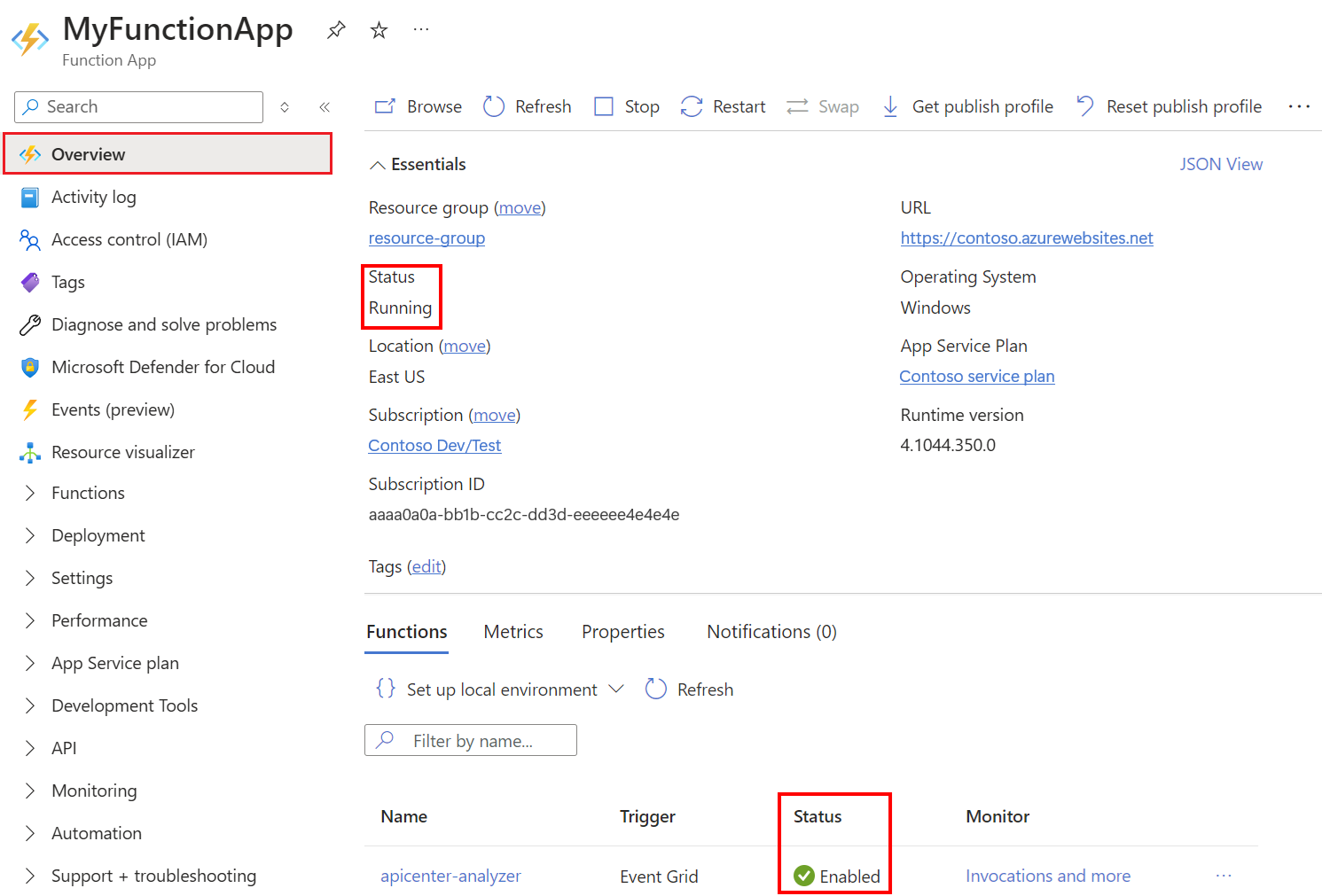 Captura de pantalla de la aplicación de funciones en el portal de Azure que muestra el estado de En ejecución y la función habilitada.