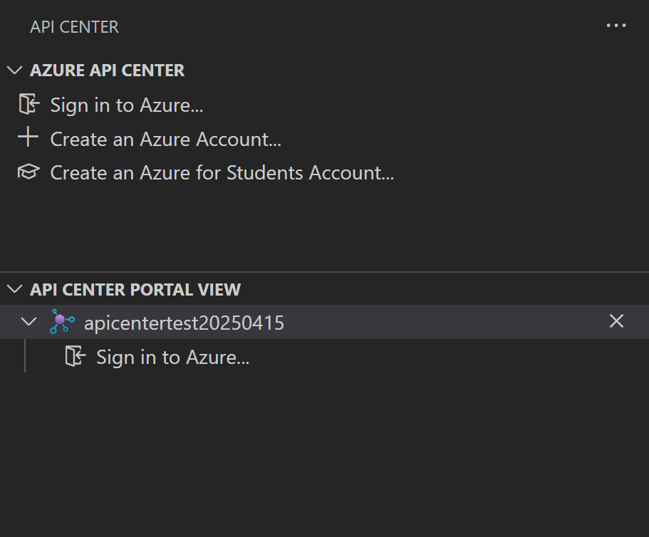 Captura de pantalla de la vista del portal del Centro de API en la extensión del Centro de API.