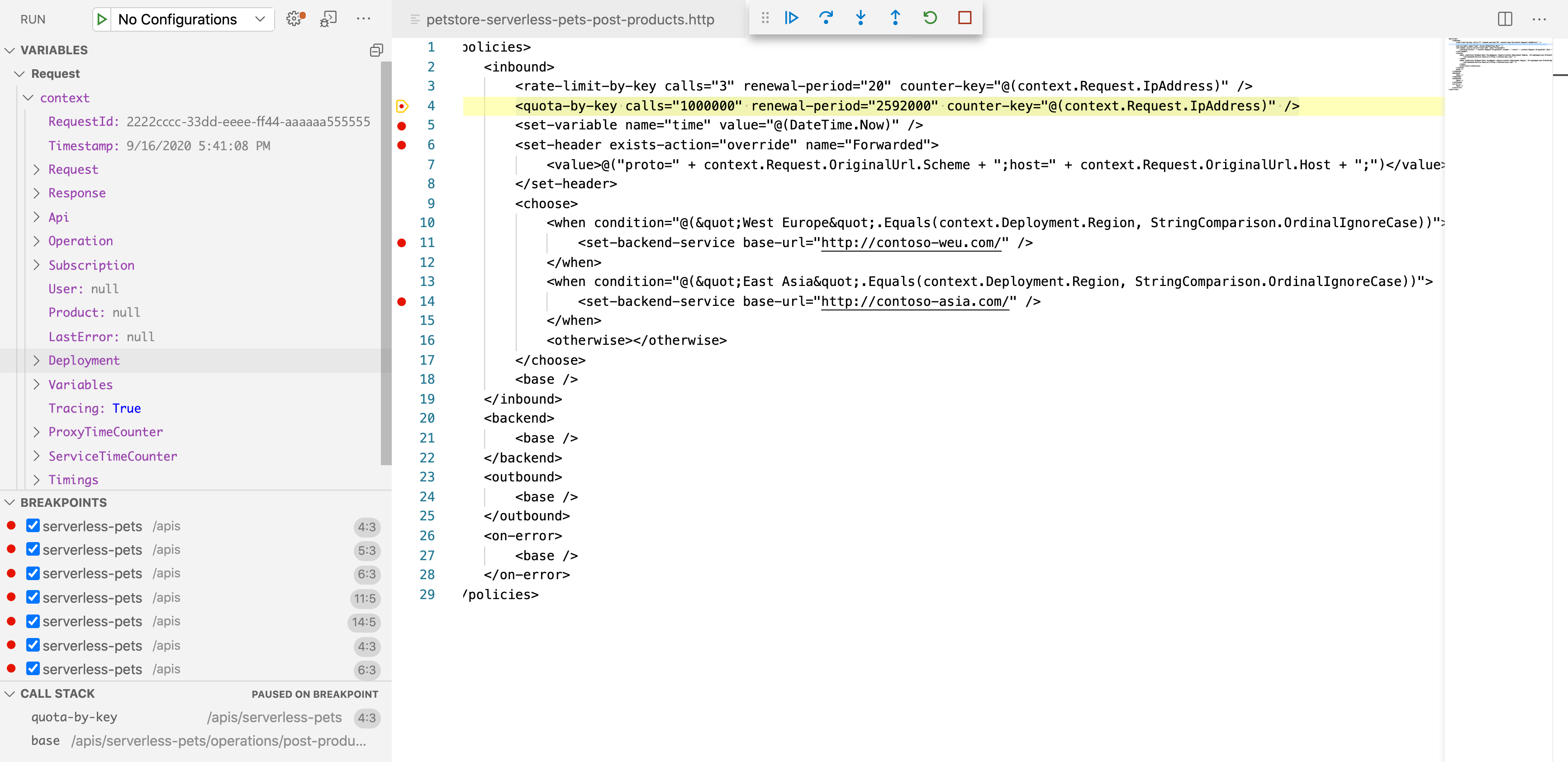 Captura de pantalla de la ventana de depuración en Visual Studio Code.