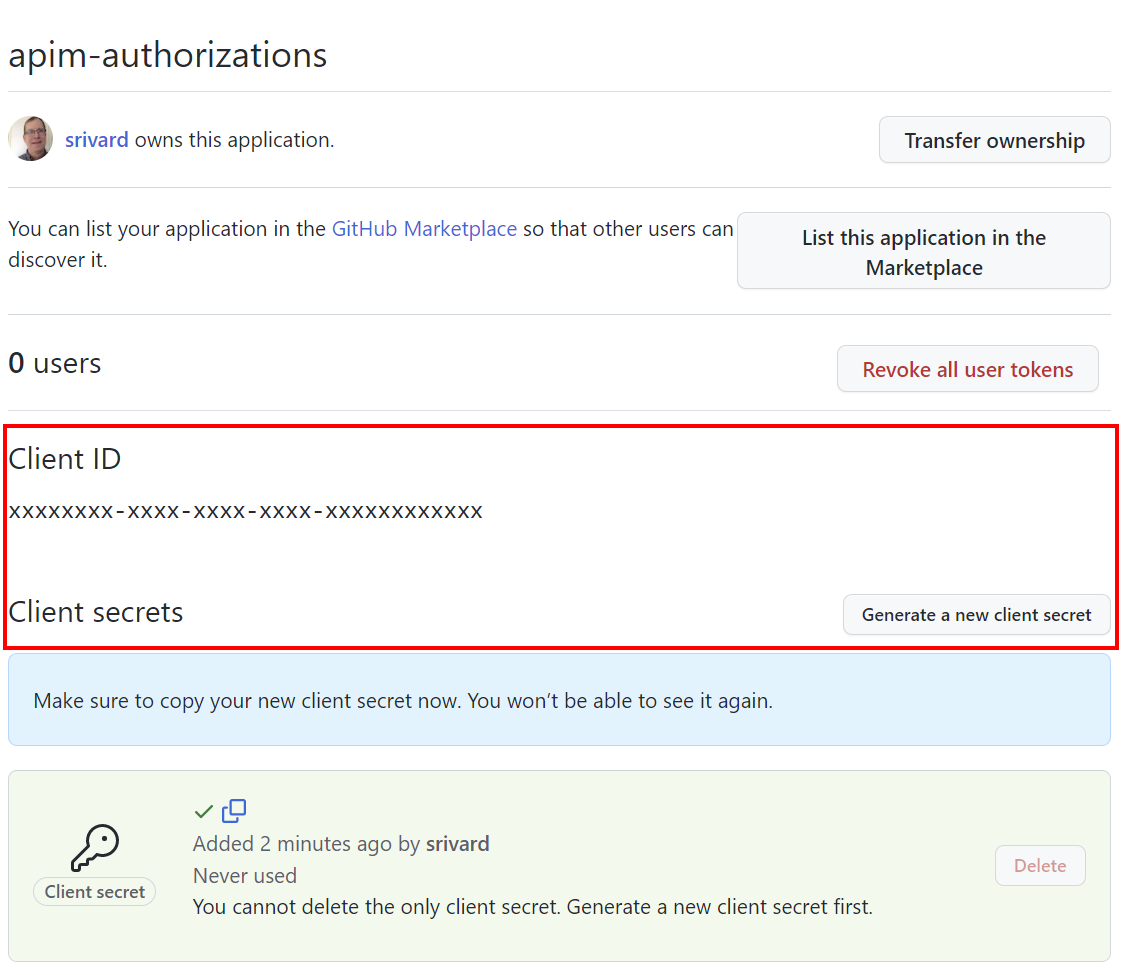 Captura de pantalla que muestra cómo obtener el identificador de cliente y el secreto de cliente de la aplicación en GitHub.