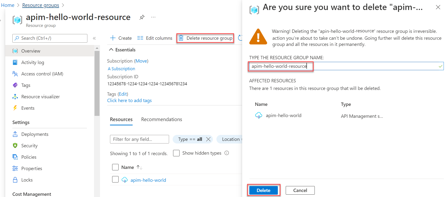 Captura de pantalla que muestra el botón para eliminar el grupo de recursos.