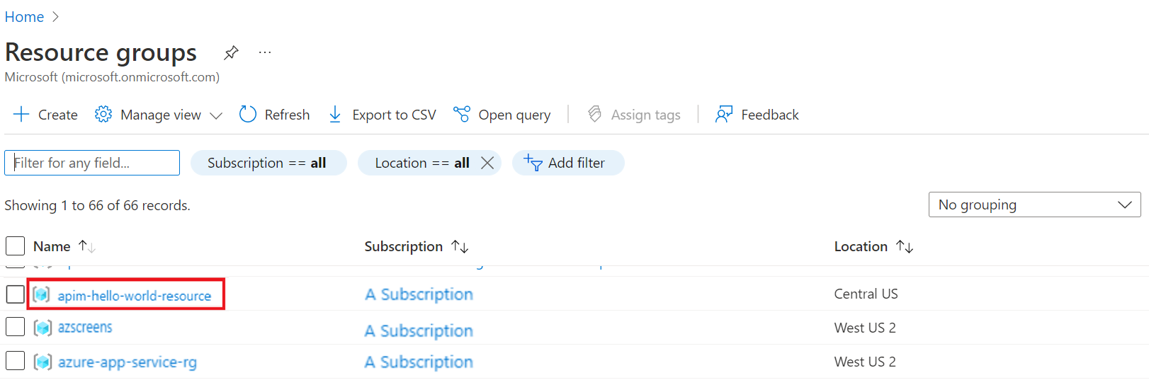 Captura de pantalla que muestra los grupos de recursos.
