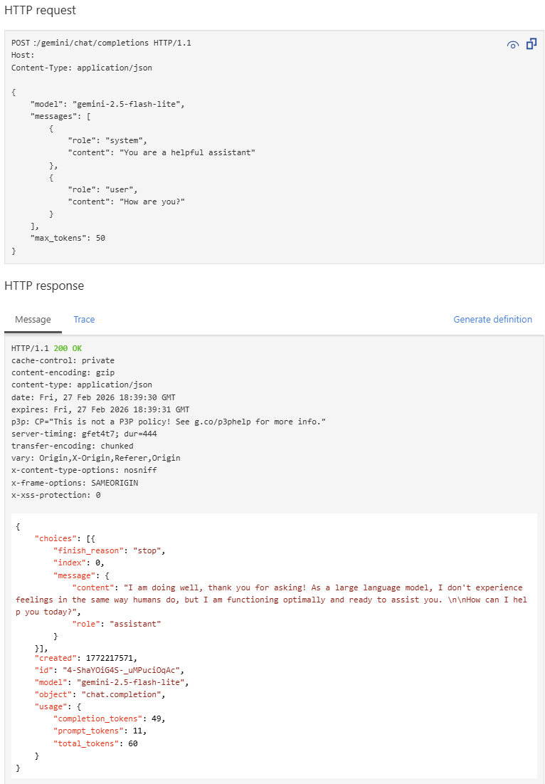 Captura de pantalla de la prueba de una API de Gemini LLM en el portal.