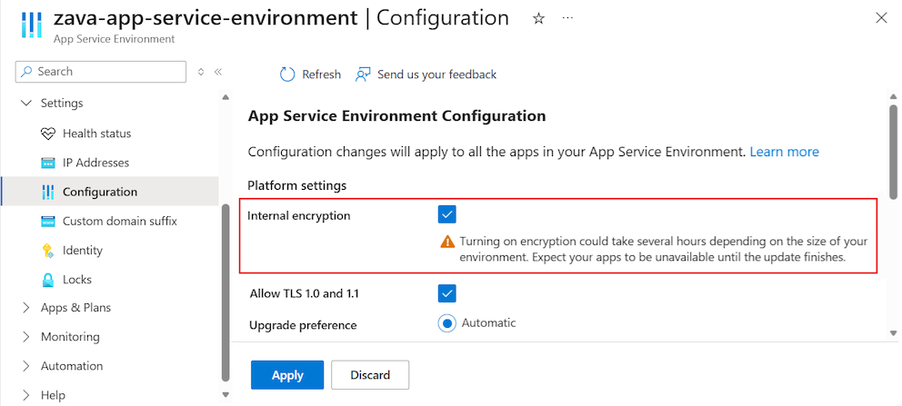 Captura de pantalla que muestra cómo habilitar el cifrado interno para el App Service Environment en el portal de Azure.