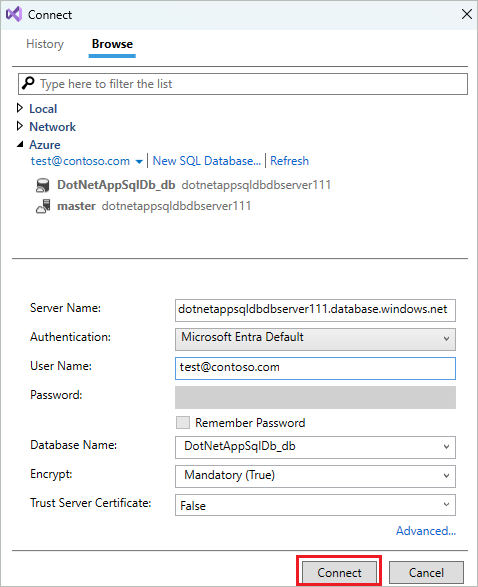 Captura de pantalla que muestra la configuración de la conexión de base de datos desde Visual Studio.
