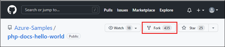 Captura de pantalla del repositorio Azure Samples en GitHub, con la opción Fork resaltada.