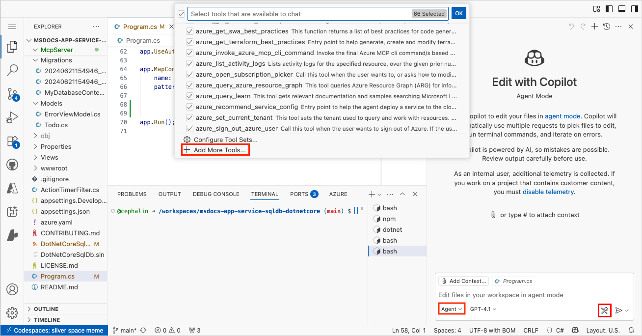 Captura de pantalla que muestra cómo agregar un servidor MCP en el modo del agente de Chat de Copilot de GitHub.