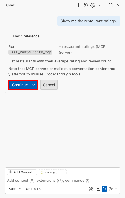 Captura de pantalla que muestra el mensaje de seguridad predeterminado de una invocación de MCP en El chat de GitHub Copilot.