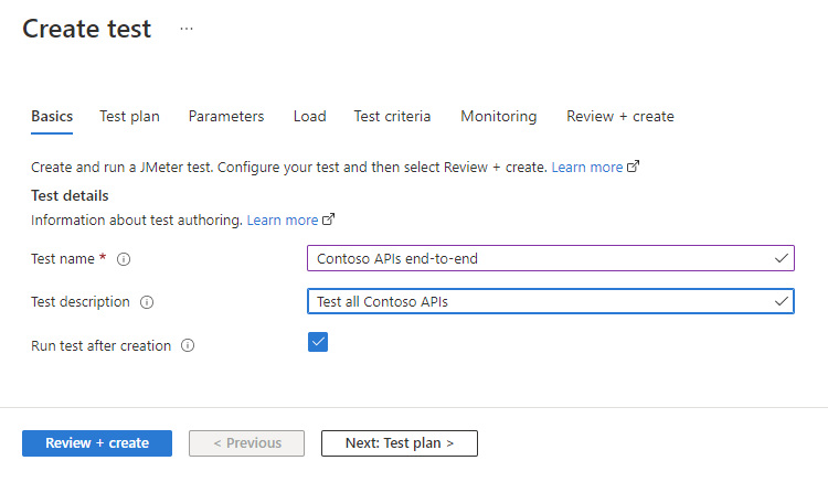 Recorte de pantalla que muestra la página para crear una prueba con un script de J Meter en Azure Portal.